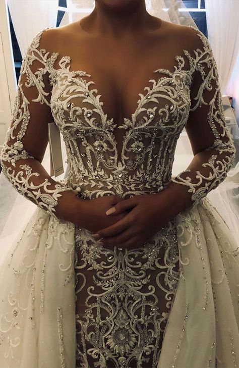 long sleeve wedding dress, dresses, most beautiful wedding dresses, wedding dress ,wedding gown #weddingdress #bridedresses See Thru Wedding Dress, Dresses With Overskirt, Long Sleeve Wedding Gowns, Detachable Train, Fancy Wedding Dresses, Beautiful Wedding Gowns, Mermaid Wedding Dresses, Dream Wedding Ideas Dresses, Stunning Wedding Dresses