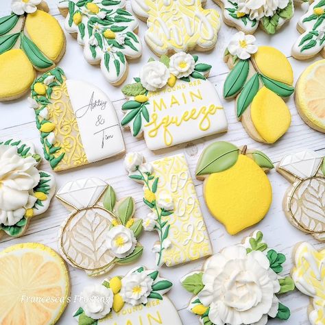 Found Her Main Squeeze Cookies, She Found Her Main Squeeze Bridal Shower Cookies, Lemon Cookies Decorated, She Found Her Main Squeeze Cookies, Lemon Themed Bridal Shower Cookies, Positano Theme Cookies, Lemon Bridal Shower Cookies Decorated, Lemon Theme Cookies, Blue Bridal Shower Themes