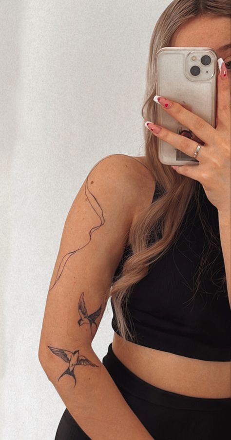 Pretty Bird Tattoos For Women, Simple Above The Knee Tattoo, Birds Tattoo On Arm, Line Work Arm Tattoo, Bird Forearm Tattoos For Women, Linework Bird Tattoo, Bird Tattoo Arm Women, Bird Arm Tattoos For Women, Fine Line Tattoo Ideas For Women Arm