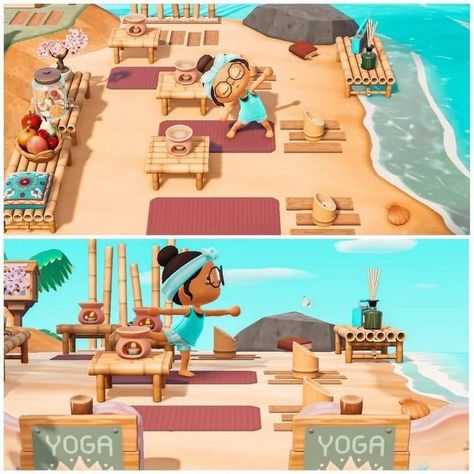 Small Beach Ideas Animal Crossing, Muscle Beach Acnh, Beachcore Animal Crossing, Acnh Beach Movie Theatre, Beach Theme Animal Crossing, Acnh Beach Theme, Acnh Yoga Area, Acnh Small Beach Ideas, Beachy Animal Crossing Island