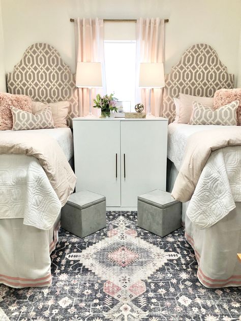 Blush and Gray Dorm Decor designed by mother and daughter for Adams Hall @ GCSU #dormdecor #dormify #gcsu #dormdesign #southerndormroom #adamshall #design #dormlife #girlsdormroom #dormroom Georgia College And State University, Dorm Room Setup, Best College Dorms, College Dorm Room Ideas, College Dorm Organization, Dorm Room Furniture, College Dorm Room Inspiration, Dream Dorm Room, University Dorm