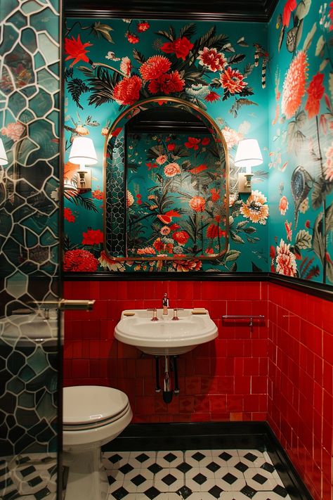 Add a touch of luxury to your small bathroom with wallpaper. Discover how to select opulent patterns and textures that create a lavish atmosphere. #LuxuriousWallpaper #SmallBathroom Small Toilet Room Decor Inspiration, Maximalist Washroom, Bathroom With Half Wallpaper, Small Bathroom Ideas Maximalist, Colourful Toilet Room, Dramatic Bathroom Wallpaper, Dark Maximalist Bathroom, Whimsical Powder Room, Colourful Small Bathroom