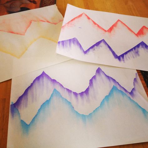 Chalk pastel mountains for art class Mountain Art Preschool, Chalk Pastel Mountains, Mountain Art For Kids, Chalk Mountains, Mountain Crafts For Kids, Mountain Range Drawing, Mountain Craft, Preschool Art Lessons, Pastel Mountains