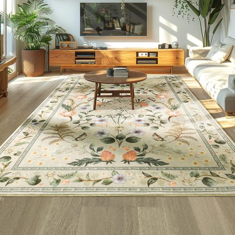 PRICES MAY VARY. Vintage Floral Throw Area Rug:Our boho rugs have a digitally printed vintage design with a high density and the room rug have a very clear floral pattern.The carpet adds a textured weave process, rubbing the fibers on the surface of the indoor carpet in a positive or negative direction will reveal two different colors and textures, adding a splash of unique ambiance to your place Soft Low Pile Carpet:Low pile rug is 0.2 inch thick. It is non-slip, lightweight, opens and closes d Rugs In Bedroom Aesthetic, Home Office Light, Living Room 70s, Vintage Playroom, Green Couch Living Room, Area Rugs For Bedroom, Cottagecore Living, Home Office Dining Room, Apt Decor