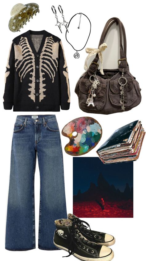 aesthetic artist casual outfit #ootd #outfit #outfitinspo #aesthetic #artist #phoebebridgers Cage The Elephant Aesthetic Outfit, Art Curator Aesthetic Outfits, Outfit Ideas Collage, Artist Aesthetic Outfit, Artistic Outfits, Silly Clothes, Cage The Elephant, Artsy Outfit, Ootd Outfit