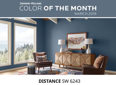 And....(drumroll please), the color of the month for March is Distance (SW6243) from Sherwin Williams.   I see how they are bringing back warm colors (see rug).  #paintcolors #colorofthemonth #SW6243 #sherwinwilliams #thejudiwrightteam #askyourrealtor #decorating #painttrends #decoratortrends Blue Walls Living Room, Origami White, Color Of The Month, Sherwin Williams Colors, Blue Paint Colors, Sherwin Williams Paint Colors, Brown Furniture, Paint Projects, Bedroom Paint Colors