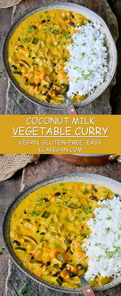 Vegetable curry recipe with coconut milk, pineapple, and chickpeas (or beans)! This healthy comfort meal is vegan, gluten-free, oil-free, easy to make and can be also prepared in a slow cooker! #vegan #glutenfree #vegetable #coconutmilk #curry | elavegan.com Indian Vegetable Curry, Vegetable Curry Recipe, Recipe With Coconut Milk, Vegetable Curry Recipes, Gluten Free Vegetables, Curry Recipes Vegetarian, Vegan Curry Recipes, Coconut Milk Recipes, Diner Recept