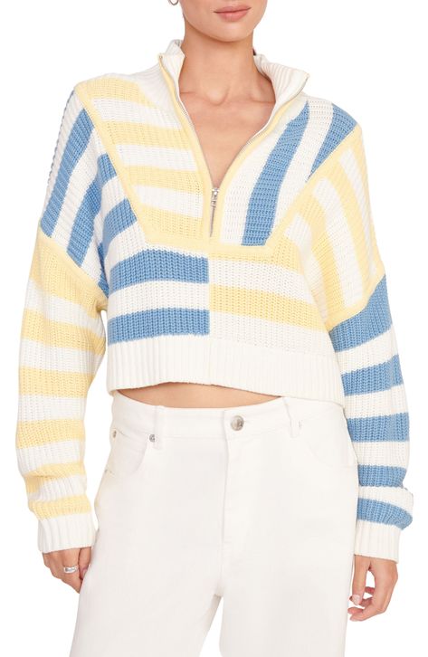 Dropped shoulders frame this slouchy cotton-blend sweater designed in lively stripes with a sporty half-zip placket on a subtly cropped silhouette. 17 1/2" length (size Medium) Half-zip closure Mock neck Long sleeves 60% cotton, 40% acrylic Dry clean Imported Sweater Colorful, Half Zip Sweater, Striped Turtleneck, Denim Flares, Sweater Making, Sweater Design, Zip Sweater, Online Clothing Stores, Cropped Sweater