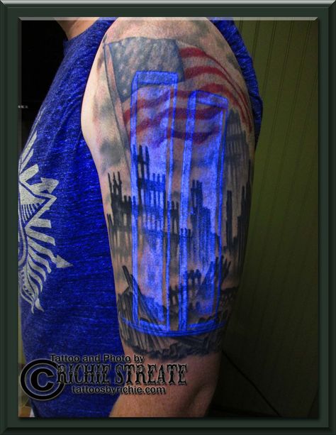 Twin Towers, Ground Zero, American Flag, Tattoo 11 Tattoo Ideas, Bald Eagle Tattoos, 11 Tattoo, Black Light Tattoo, Firefighter Tattoo, Fire Fighter Tattoos, Patriotic Tattoos, Light Tattoo, Military Tattoos