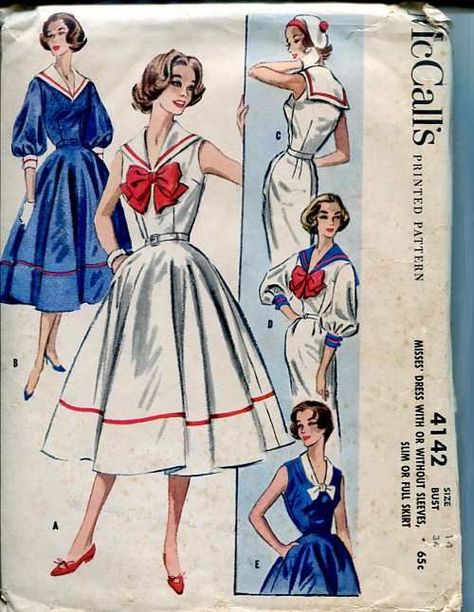 McCall's 4142 from 1957 sailor dress #vintagefashion #fashionista #fashionhistory #vintagevibes Vintage Clothes Patterns, Nautical Dress, Sailor Style, Vintage Dress Patterns, Sailor Fashion, Fashion 1950s, Style Evolution, Sailor Dress, Sailor Collar