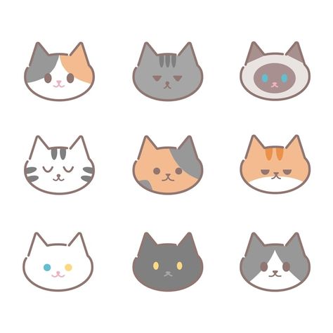 Set of cat faces icon | Premium Vector #Freepik #vector #background #pattern #baby #card Cat Faces Illustration, Cat Faces Drawings, Cute Cat Face Drawing, Jesmonite Inspiration, Cat Face Cartoon, Cat Face Illustration, Chibi Cats, Cat Face Tattoos, Cat Face Drawing