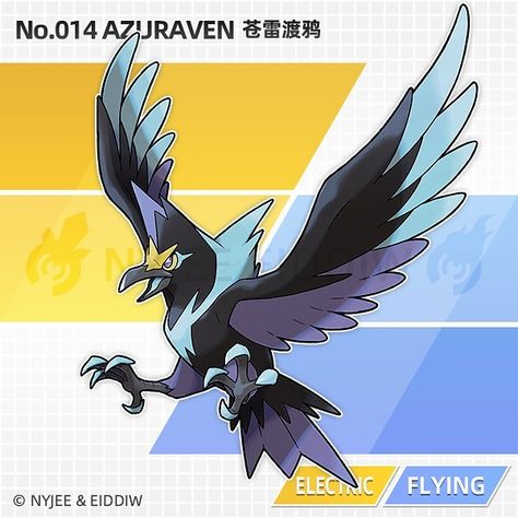 Nyjee Eiddiw on Instagram: “Meet Azuraven，the Raven pkmn! Azuraven (azure-raven） Type: Electric Flying Evolution Line: Crowire → Lv.16 → Magpica → Lv.36 →…” Electric Fakemon, Fakemon Mega Evolution, Psychic Fakemon, Fakemon Pseudo Legendary, Flying Type, Regional Variants Fakemon, Pokemon Crossover, Pokemon Project, Pokemon Fake