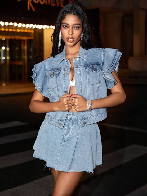 SHEIN BAE Women Ruffle Edge Decorated Button Up Street Fashion Denim Jacket For Music Festival And Stagecoach | SHEIN UK Fashion Denim Jacket, Women Denim Shorts, Denim Jacket Fashion, Denim Details, Denim Jacket Women, Denim Shorts Women, Summer Baby, Maternity Bag, Street Fashion