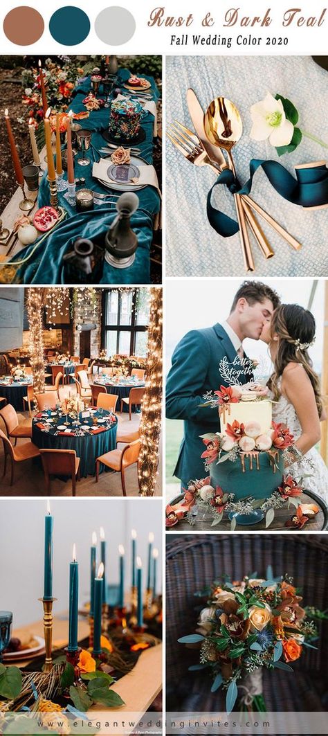 dark teal and rust orange october wedding color ideas July Boho Wedding Colors, Fall Wedding Colors Teal Burnt Orange, Industrial Fall Wedding, Teal And Rust Wedding, Dark Teal And Rust Orange Wedding, Wedding Ideas Dark, Rust Fall Wedding, Teal Wedding Ideas, Amazing Wedding Centerpieces