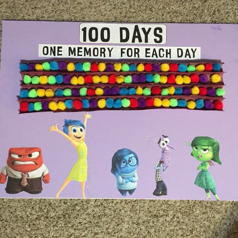 Inside Out 100 days of school project idea. Love how this turned out!! 100 Days Of School Classroom Ideas, Best 100 Days Of School Ideas, 100 Day Of School Collection, 100 Days Of School Toy Story, 100 Days Collection Ideas, 100 Days Of School Ideas Prek, 100 Days At School Ideas, 100th Day Of School Theme, 100 Days School Ideas