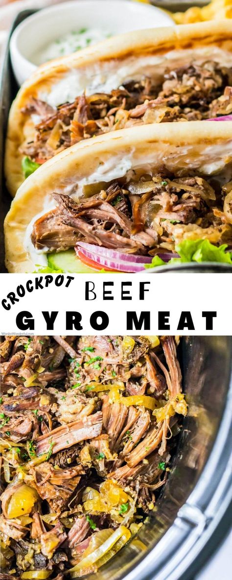 Slow Cooker Gyros Beef, Roast Beef Gyros, Roast Beef Gyro Recipe, Summer Roast Beef, Greek Pot Roast, Crockpot Gyros Beef, Shredded Beef Meal Ideas, Slow Cooker Beef Gyros, Gyro Crockpot Recipe