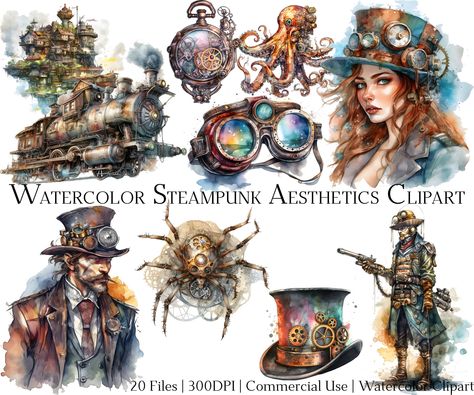 Steampunk Painting Ideas, Steampunk Setting Art, Steampunk Landscape Art, Steampunk Watercolor, Steampunk Printables Free Clip Art, Steampunk Kunst, Art Steampunk, Steampunk Party, Witch Clipart