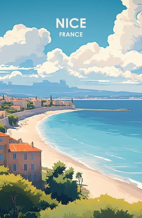 France Poster, Wanderlust Decor, Beach Illustration, Travel Globe, Summer Illustration, Beach Posters, City Illustration, Nice France, Travel Wall Art