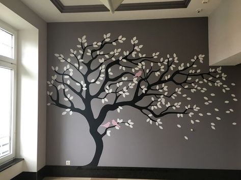 Abstract Tree Wall Mural, Tree Wall Painting Bedrooms, Tree Wall Painting, Simple Wall Paintings, Winter Pool, Deco Zen, Creative Wall Painting, Wall Art Diy Paint, Lights Ideas