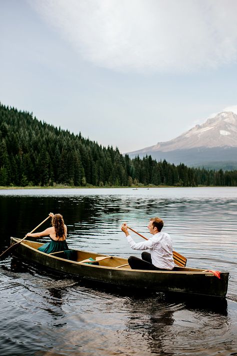 Engagement session on the lake | Trillium Lake Engagement | Photo by Karina & Maks photography Couple Poses Near Lake, Clear Kayak Photoshoot Couple, Couples At The Lake, Trillium Lake Engagement Photos, Donner Lake Engagement Photos, Inflatable Canoe, Trillium Lake, Lake Engagement Photos, Lake Engagement