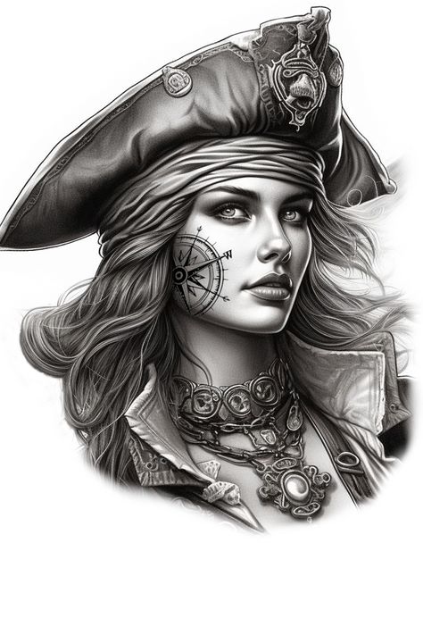 Pirate Queen Tattoo, Pirate Lady Tattoo, Pirate Pinup, Pirate Ship Drawing, Pirate Tattoos, Pirate Lady, Pirate Skull Tattoos, Pirate Face, Tattoo Linework