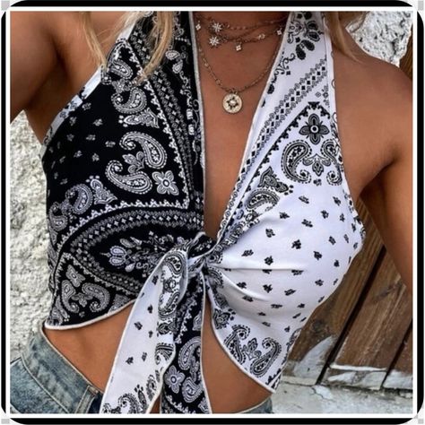 Paisley Print Tie Halter Top Just Like The Bandanna! Color: Black & White Style: Boho Pattern Type: Paisley Details: Tie Front Length: Crop Type: Halter Neckline: Halter Fit Type: Slim Fit Fabric: Non Stretch 100% Polyester This Halter Will Not Shrink! I Would Hand Was It, It Is Delicate. You Can Dry It On A Low To Medium Heat. Message Me With Your Questions And Thanks For Looking! Same Day Shipping Tie Halter Top, Bandana Top, Backless Halter Top, Bohemian Mode, Womens Halter Tops, Country Concert Outfit, Mode Boho, Top Halter, Moda Boho