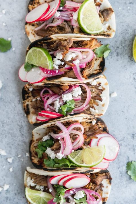 Carnitas Street Tacos, Street Taco Recipe, Queso Fresco Cheese, Fresco Cheese, Slow Cooker Carnitas, Quick Pickled Red Onions, Carnitas Tacos, Quick Pickled, Pork Carnitas