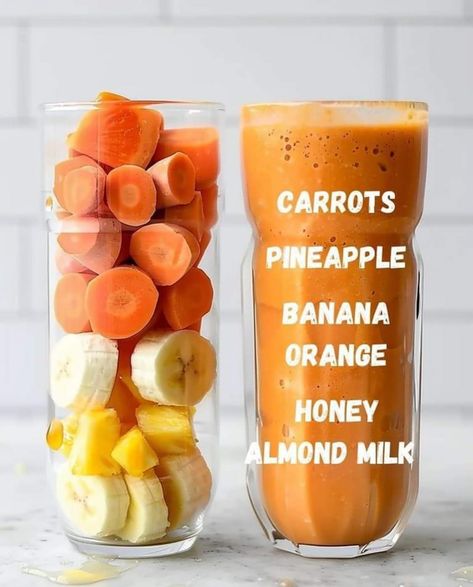 Carrot Smoothie Recipe, Carrot Smoothie, Fruit Juice Recipes, Healthy Juice Drinks, Resep Smoothie, Fruit Smoothie Recipes Healthy, Smoothie Recipes Healthy Breakfast, Healthy Drinks Smoothies, Pineapple Smoothie