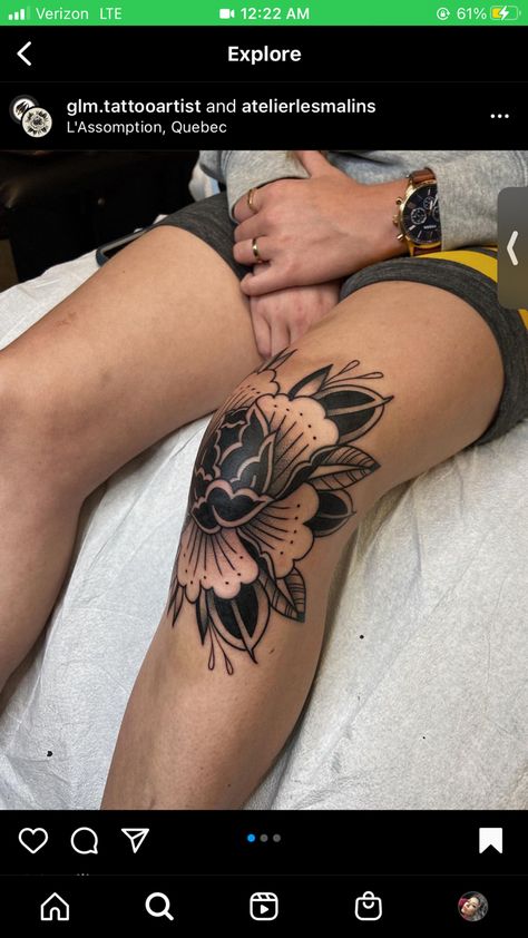 Knee Cap Flower Tattoo, Peony Knee Tattoo Traditional, Knee Tattoo Peony, Lotus Flower Knee Tattoo, Knee Tattoo Flower, Thigh Tattoos Women Traditional, Peony Knee Tattoo, Knee Frame Tattoo, Leg Sleeve Women