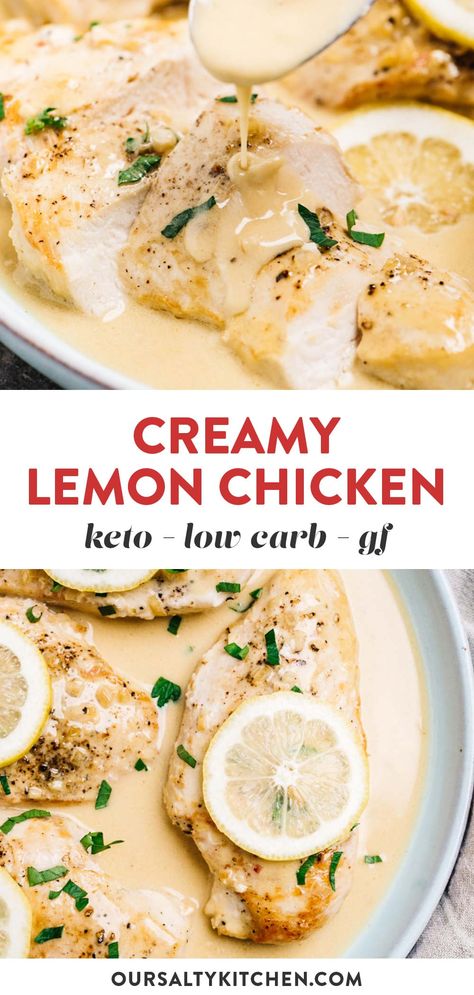 Creamy Lemon Chicken is rich and comforting without being heavy. This is a simple, frugal chicken recipe that easily satisfies a comfort food craving without too much guilt. Naturally low carb, keto, and gluten free, lemon chicken pairs perfectly with just about every side dish in your clean eating arsenal. Quick enough for weeknight dinners, and impressive enough for company, chicken with lemon creamy sauce is an instant classic. #chicken #keto #lowcarb #glutenfree #healthydinner Chicken Side Dishes, Company Chicken, Easy Roasted Potatoes, Healthier Me, Chicken Keto, Creamy Lemon Chicken, Low Fat Low Carb, Side Dishes For Chicken, Low Carb Low Fat Recipes