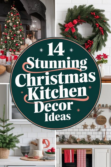 14 stunning Christmas kitchen decor ideas with festive wreaths, trees, and seasonal decorations. Modern Kitchen Christmas Decorations, Christmas Kitchen Cupboard Decor, Christmas Refrigerator Decor, Kitchen Christmas Decorations Modern, Kitchens Decorated For Christmas, Farmhouse Christmas Kitchen Decor Ideas, Wreaths In Kitchen, Decorating Ideas For The Home Christmas, Kitchen Xmas Decor Ideas