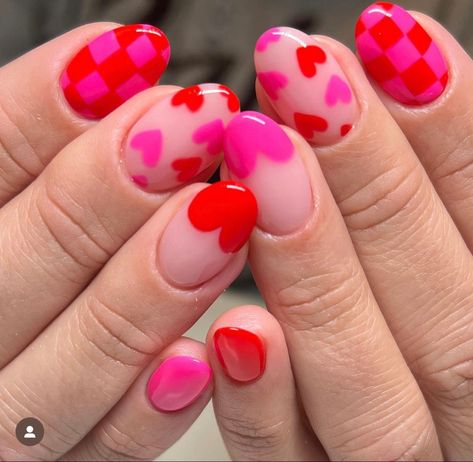 Pink And Red Stripe Nails, Valentine Nails Inspiration, Pink And Orange Valentines Nails, Eclectic Nail Art, Pink And Red Valentine Nails, Valentines Gel Nails Ideas, Cherry Nails Almond, Red Valentine Nails, Eccentric Nails