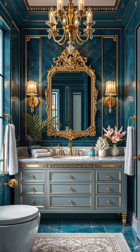 Coastal Bathroom Ideas Luxury Powder Room Ideas, Blue And Gold Bathroom, Bathroom Vanity Blue, Coastal Bathroom Ideas, Coastal Bathroom, Gold Fixtures, Coastal Bathrooms, Bathroom Idea, Gold Bathroom