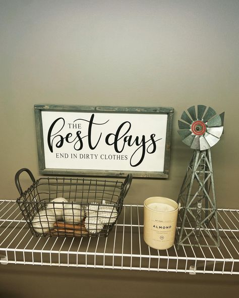 Handmade wooden sign: "the best days end in dirty laundry", almond candle, metal windmill, crooked wire basket, wool laundry balls, antique wooden clothes pins Rustic Laundry Room, Rustic Laundry, Laundry Balls, Rustic Laundry Rooms, Metal Windmill, Room Display, Wire Basket, Dirty Laundry, Wire Baskets