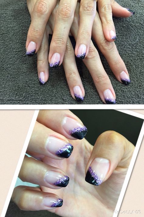 Purple and black side French Black And Purple French Tip Nails, Purple And Black French Tip Nails, Dark Purple French Nails, Dark Purple French Tip Nails, Sparkly French Tips, Gel Powder Nails, Black Silver Nails, Black And Purple Nails, Saving Face