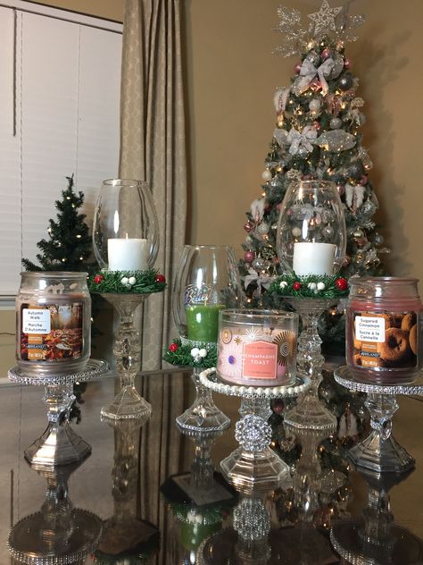 Diy Pedestal Candle Holders, Christmas Crafts Diy Candle Holders, Bath And Body Candle Holders Diy, Dollar Tree Christmas Candle Holder Diy, Dollar Tree Candle Holder Diy, Diy Christmas Candle Holders, Chanel Candles, Christmas Candle Holders Diy, Cozy Cubicle