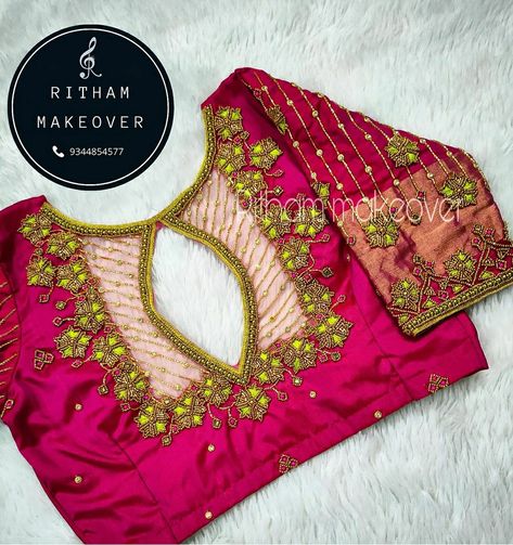 Zardosi Work Blouse, Aari Work Blouse Design, Khatli Work, Maggam Blouse, Rani Pink, Stitching Ideas, Net Blouses, Wedding Blouse Designs, Kids Dress Patterns