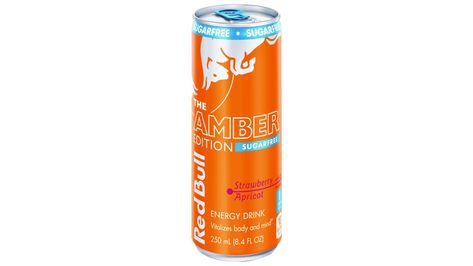 This Red Bull Amber Edition Sugar-Free features the taste of Strawberry and Apricot with a touch of Peach and no sugar. This lightly carbonated beverage is enjoyed worldwide by fitness enthusiasts, athletes, gamers, students, and travelers. A refreshing can of Red Bull makes an excellent partner for busy, active lifestyles. Each 8.4 fl oz can contains 80mg of caffeine per serving (about the same amount as a home-brewed cup of coffee), 10 calories, and no sugar. It also includes Taurine, an amino acid naturally occurring in the human body, and B-group vitamins B6, B12, Niacin (B3), and Pantothenic Acid (B5). Available in 4-packs and single cans. It comes in aluminum cans that can be recycled over and over. Always check can labels for the most updated product nutritional and ingredient infor Red Bull Spritzer Flavors, Red Bull Italian Soda Flavors, Red Bull Italian Soda, Drink Red Bull, Red Bull Energy Drink, Pantothenic Acid, Aluminum Cans, Drink Mixer, Carbonated Drinks