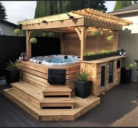 Hot Tub Privacy, Pergola Roof, Backyard Spa, Backyard Pool Design, Tub Deck, Hot Tub Landscaping, Hot Tub Surround, Hot Tub Room, Hot Tub Patio