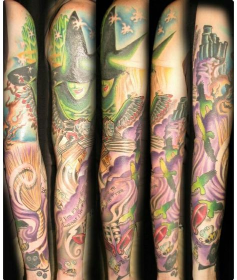 Wizard of Oz Sleeve Wicked Musical Tattoo, Theater Tattoo, Wizard Of Oz Tattoo, Oz Tattoo, Wizard Of Oz Movie, Movie Tattoo, Wicked Musical, Wicked Tattoos, The Wonderful Wizard Of Oz