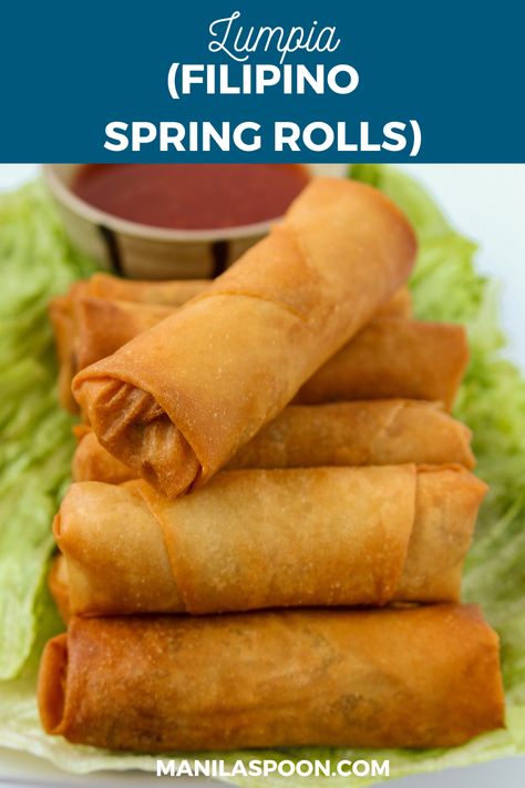 These crunchy and delicious spring rolls (Lumpia) are the perfect appetizers for any party and great for snacking, too. This can be made vegetarian or a little meat may be added, too. How To Make Lumpia, Easy Lumpia Recipe, Philapino Recipes, Lumpia Filipino, Pinoy Dishes, Vegetarian Spring Rolls, Lumpia Recipe, Vegetarian Oyster Sauce, Thai Salad