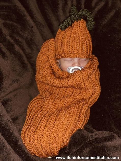 Crochet Pumpkin Baby Sleep Set | Itchin' for some Stitchin' Pumpkin Hats, Warm Halloween Costumes, Crochet Seed Stitch, Crochet Swaddle, Crochet Baby Cocoon Pattern, Baby Hat And Mittens, Newborn Cocoon, Baby Cocoon Pattern, Toddler Crochet