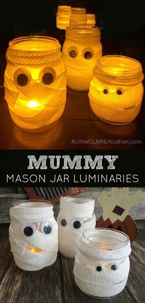 DIY Mummy Mason Jar Luminaries Mason Jar Halloween Decorations, Halloween Mason Jars Diy, Mason Jar Halloween Crafts, Luminary Diy, Mason Jar Luminaries, Scary Halloween Decorations Diy, Halloween Mason Jars, Manualidades Halloween, Easy Halloween Crafts