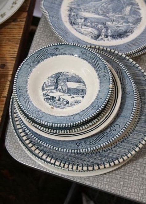 Currier & Ives Currier And Ives Dishes Blue, Currier And Ives Dishes, Blue Patterns, Liberty Blue, Plate Wall, Currier And Ives, Blue Willow, China Patterns, Vintage Dishes