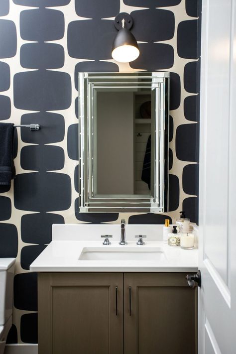 Black And White Bathroom Wallpaper Modern, Wallpapered Mudroom, Powder Room Wallpaper Modern Black And White, Bold Black And White Wallpaper, Fun Bathroom Wallpaper Black, Black Wallpaper Bathroom, Powder Room Wallpaper Accent Wall, Black And White Bathroom Wallpaper, Black White Grey Bathroom Wallpaper