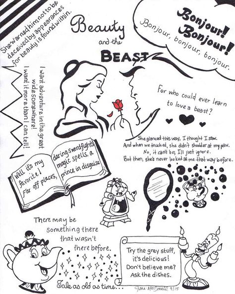 Beauty and the Beast ink drawing. Beauty And The Beast Journal, Disney Journal Pages, Beauty And The Beast Drawing Easy, Beauty And The Beast Scrapbook, Disney Writing, Lumiere Beauty And The Beast, Bullet Journal Layout Templates, Beauty And The Beast Drawing, Beauty And The Beast Diy