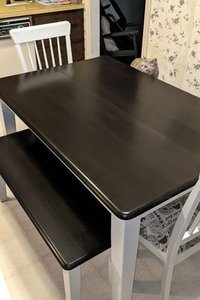 Painting Table Black Diy, Black Table With Stained Top, Black Table Top Kitchen, Table Top Makeover Diy, Black Chalk Paint Dining Table, Black Chalk Paint Table, Black Stained Table, Gel Stain Table, Gel Stain Furniture