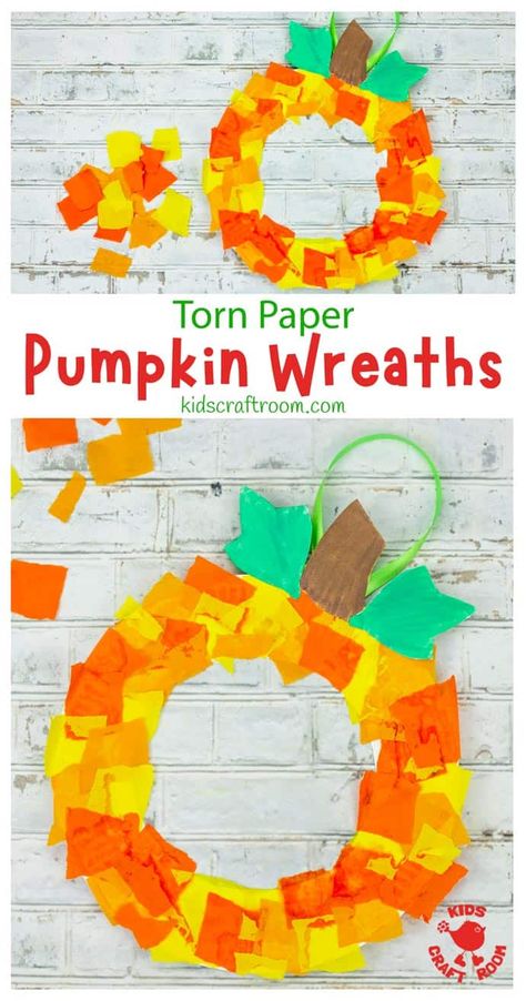 How to make a pretty pumpkin wreath from a paper plate and torn paper. Pumpkin Photo Frame Craft, First Day Of Fall School Activities, Prek Learning Crafts, Crafts For 2 Year Kids At Home Fall, Crafts For Pre K Art Projects, November Easy Crafts, 1st Grade Arts And Crafts Activities, Fall Crafts Elementary School, Halloween Wreath Craft For Kids