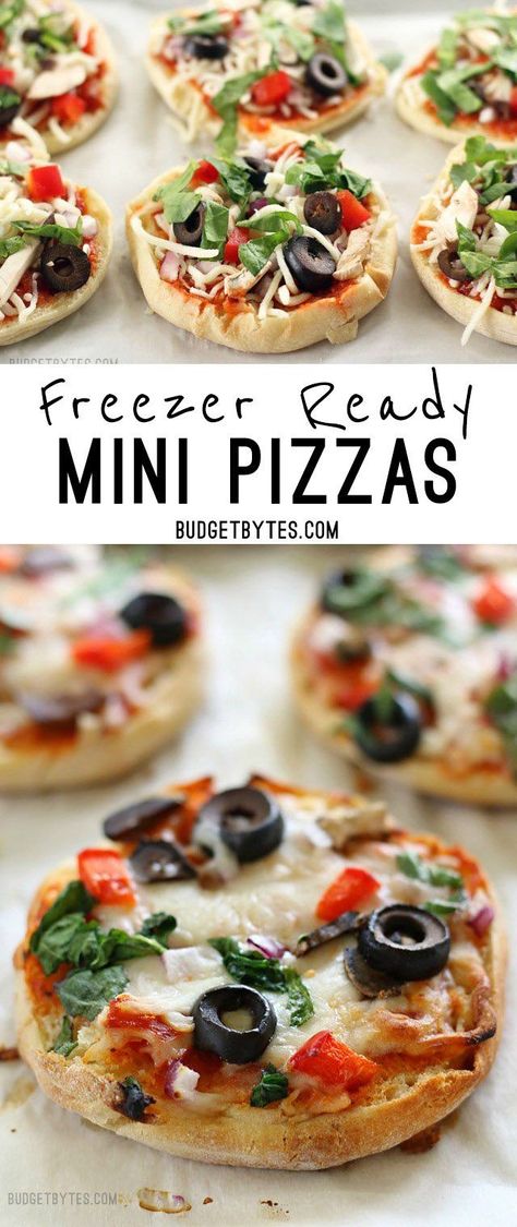 Freezer Ready Mini Pizzas are an easy and inexpensive snack to keep on hand in your freezer. BudgetBytes.com Inexpensive Snacks, Budget Freezer Meals, Freezer Friendly Meals, Make Ahead Freezer Meals, Budget Bytes, Freezer Meal Prep, Mini Pizzas, Freezer Cooking, Mini Pizza