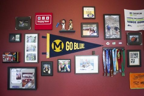 Sports Awards Display Ideas, Sports Collage Wall, Sports Memorabilia Display Wall, Sports Gallery Wall, Stairs Gallery Wall, Award Wall, Sports Memorabilia Display, Vintage Sports Decor, Portland House